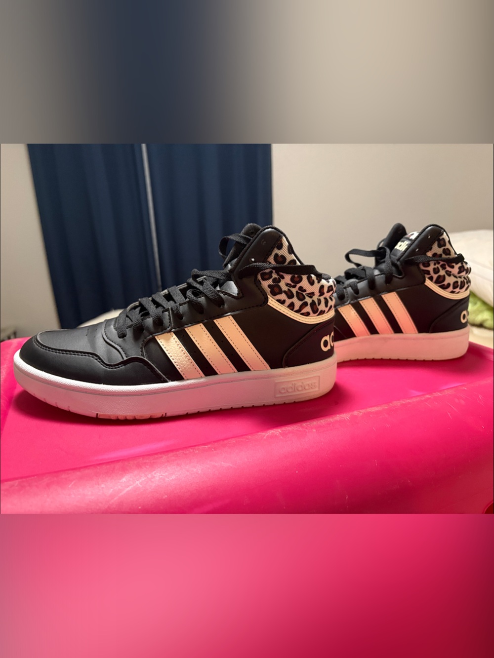 adidas Black Sneakers with Cream Stripes and Leopard Heel Accent